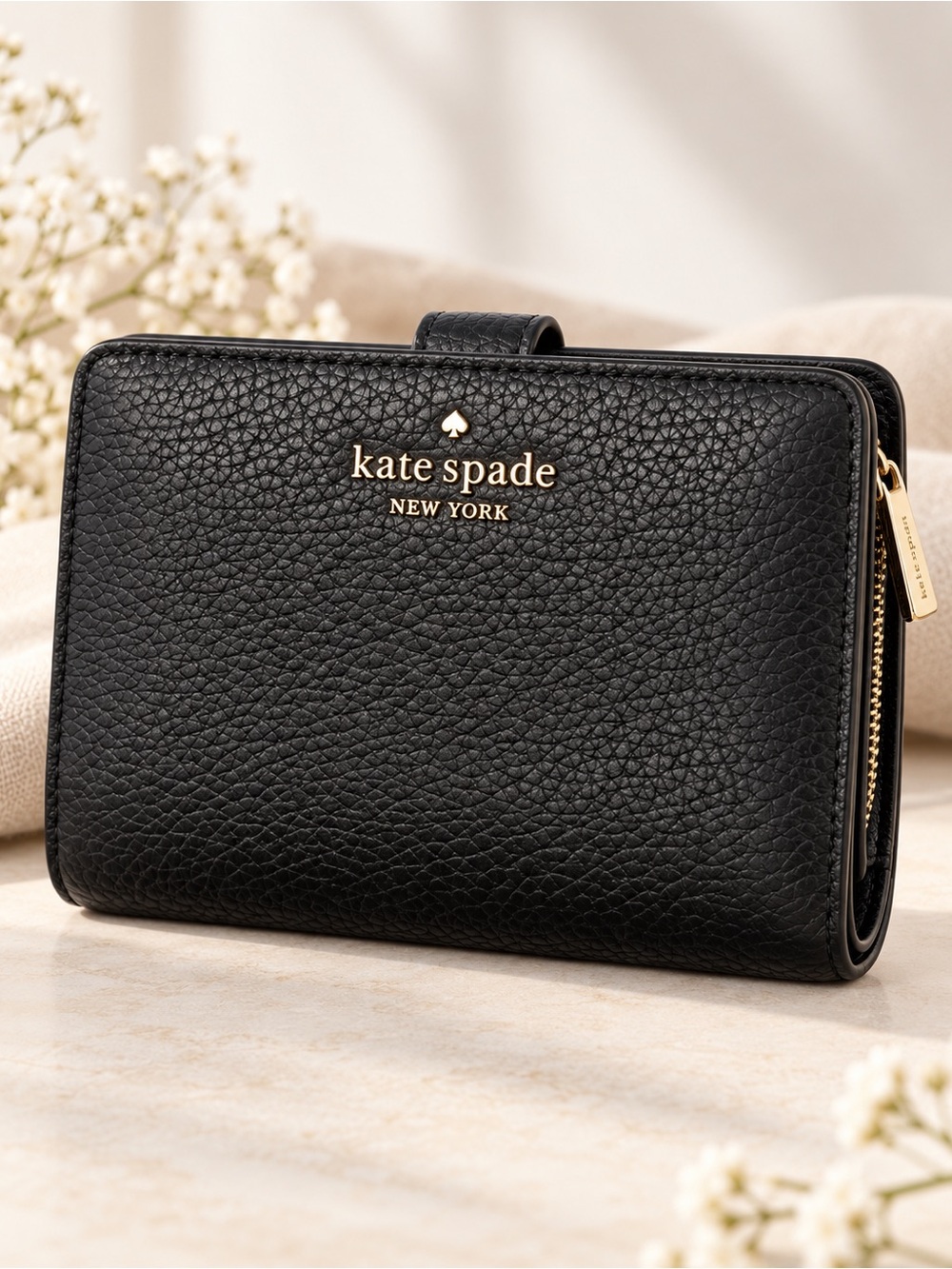 Kate Spade New York Black Pebbled Leather Bifold Wallet Gold Hardware Luxury